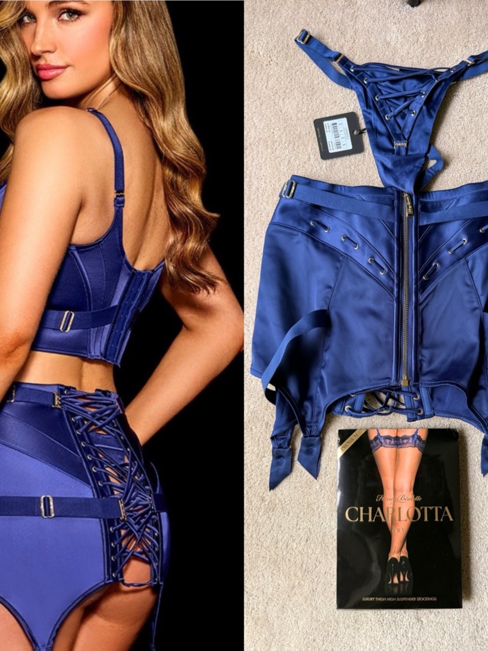 NWT Honey Birdette Imogen Set Blue Suspender Garter Skirt, Thong, Stockings S